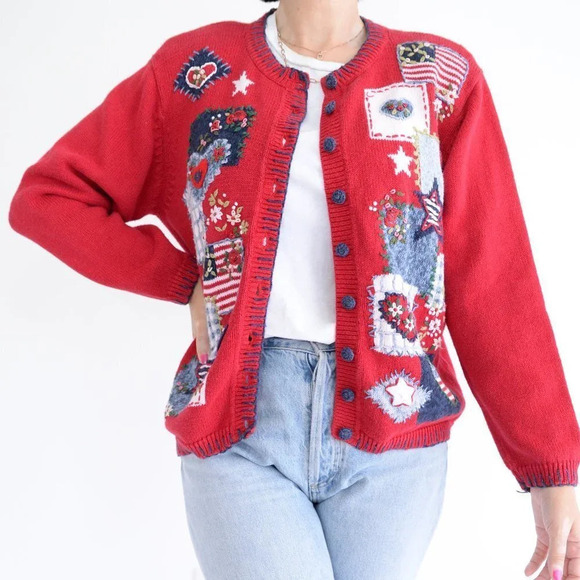 Vintage Heirloom  Collectibles U.S.A. Flag Hearts Button Up Knit Cardigan L - Picture 1 of 14